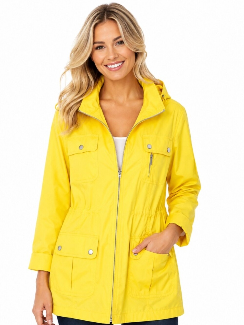 Style & Co. Yellow Hooded Polyester Zip Up Trench Coat (Size :Med)